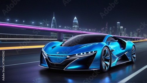 Reb7 car, navy blue chrome, futuristic, high technology, innovation, aerodynamics, great performance, low energy consumption. Side view, city illuminated in the background at night.