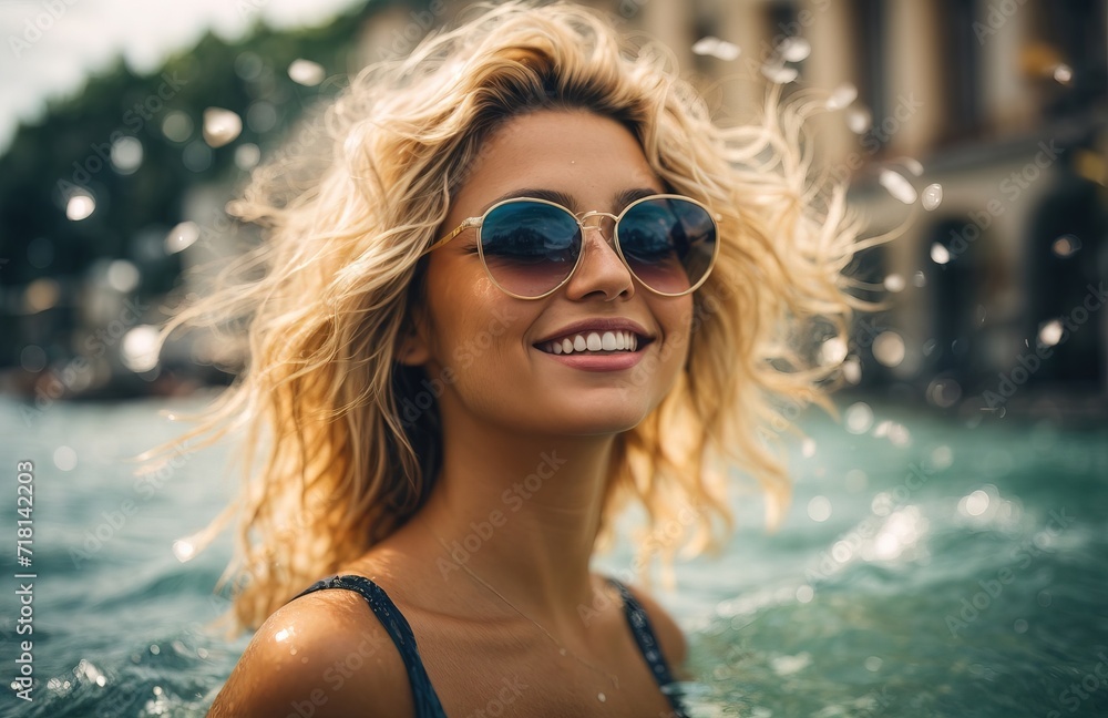 Joyful beautiful smiling woman with sunglasses swims in the sea