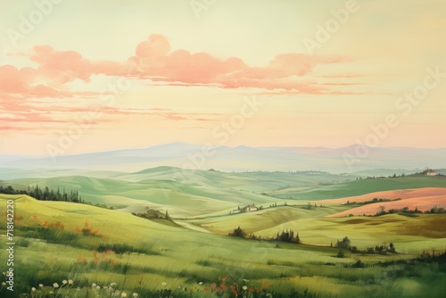 Beautiful meadow painting of mountains and sunrise. View from the top of the hill. Green fields and trees. Generative AI © Penatic Studio