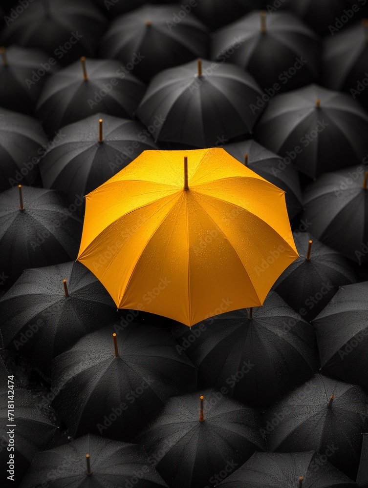 Group of Black and Yellow Umbrellas Standing Out in a Crowded Space Group of Black and Yellow Umbrellas Standing Out in a Crowded Space