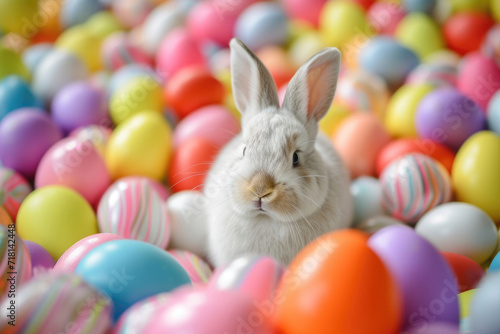 An adorable Easter bunny surrounded by colorful eggs © Venka