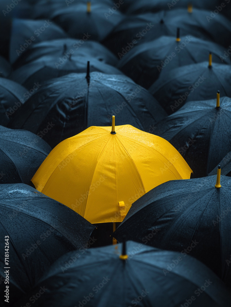 Large Group of Black Umbrellas With Yellow Handles