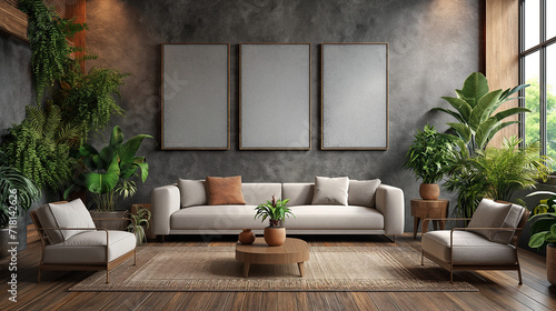 Living room with three vertical frame mockups, light sofa and interior decoration with ornamental plants. interior design. Mockup photo frame on the floor of living room