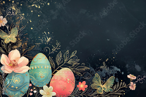 illustration of colorful easter eggs with golden sprinkles and flowers on a dark chalkboard ground with space for text, easter background