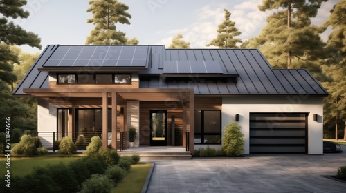 a single-family home with a prominent metal roof, highlighting its modern and durable architectural feature. © lililia