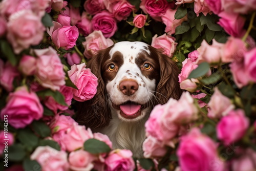 Cute spaniel dog hiding in pink roses garden 