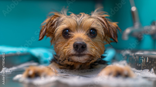 Adorable dog standing in bath and taking a shower with soap and foam. A stream of water pours on the head from above. Pet care. Funny little wet dog in bathroom. Dog takes a shower.