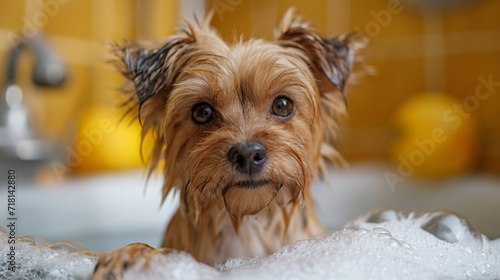 Adorable dog standing in bath and taking a shower with soap and foam. A stream of water pours on the head from above. Pet care. Funny little wet dog in bathroom. Dog takes a shower.