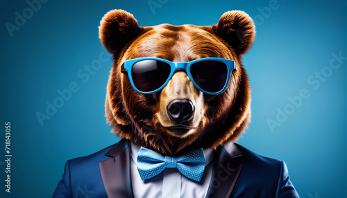 Portrait of grizzly bear in festive suit with bow tie and sun glasses on blue background