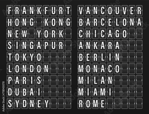 Airport flip board panel with flight info and alphabet. Airport board for departure and arrive. Flipping departure countdown. Schedule arriving for travel. Timetable on terminal. Vector illustration