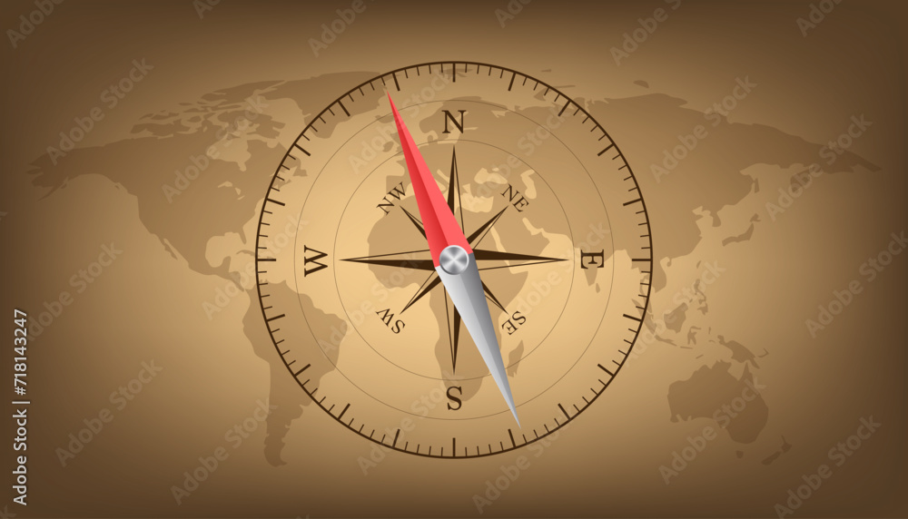 Compass. Flat vector navigation symbol. Old map with retro nautical compass on old paper texture. Travel, tourism, research around the world. Vector illustration Compass. Flat vector navigation symbol. Old map with retro nautical compass on old paper texture. Travel, tourism, research around the world. Vector illustration