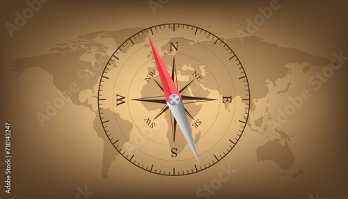 Compass. Flat vector navigation symbol. Old map with retro nautical compass on old paper texture. Travel, tourism, research around the world. Vector illustration