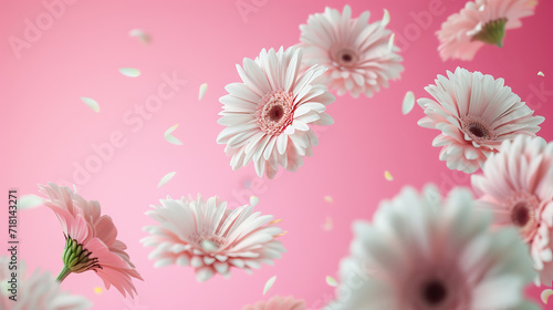 Beautiful flying light pink gerbera daisies flowers and pink petals at light pink background, creative floral layout - Generative AI
