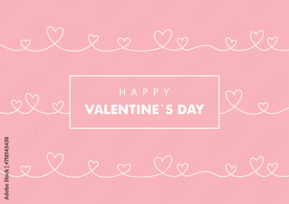 valentine`s day greeting card with line art hearts on pink background, vector illustration