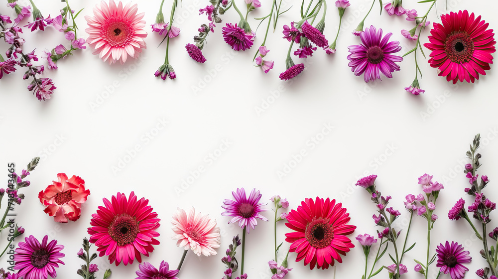 Pink and purple floral / assorted pink and purple flowers border on white background - Generative AI