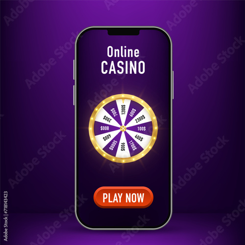 Online casino on the phone screen. Online casino, red button with smartphone, slot machine, Casino Roulette. Marketing Luxury Banner Jackpot. Vector illustration