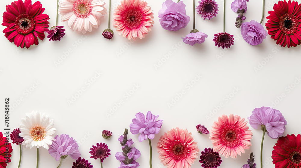 Floral frame of gerberas flowers on white background. Flat lay, top view. Flower background - Generative AI Floral frame of gerberas flowers on white background. Flat lay, top view. Flower background - Generative AI