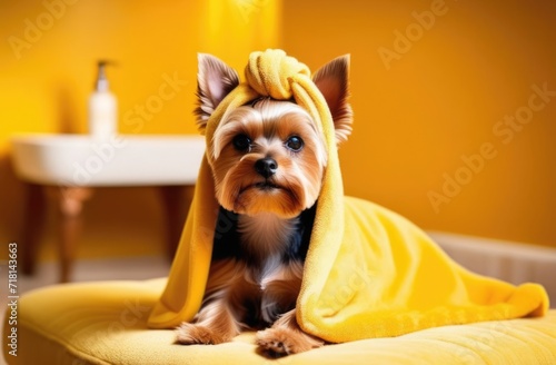 Yorkshire terrier wrapped in a yellow terry towel on a pillow in a salon, blurred background. Pet spa, dog grooming, pet grooming. Spa salon for pets photo