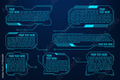 HUD digital futuristic user interface frames. Set of futuristic user screen interfaces. Modern digital layout of control panel. Hi-tech interface FUI and GUI element set. Vector illustration