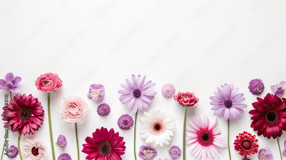 white and purple gerberas on white background. Flat lay, top view. Valentine's background. Pattern of flowers - Generative AI white and purple gerberas on white background. Flat lay, top view. Valentine's background. Pattern of flowers - Generative AI