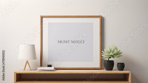 Mockup poster blank frame integrated into a guest room's floating shelf arrangement