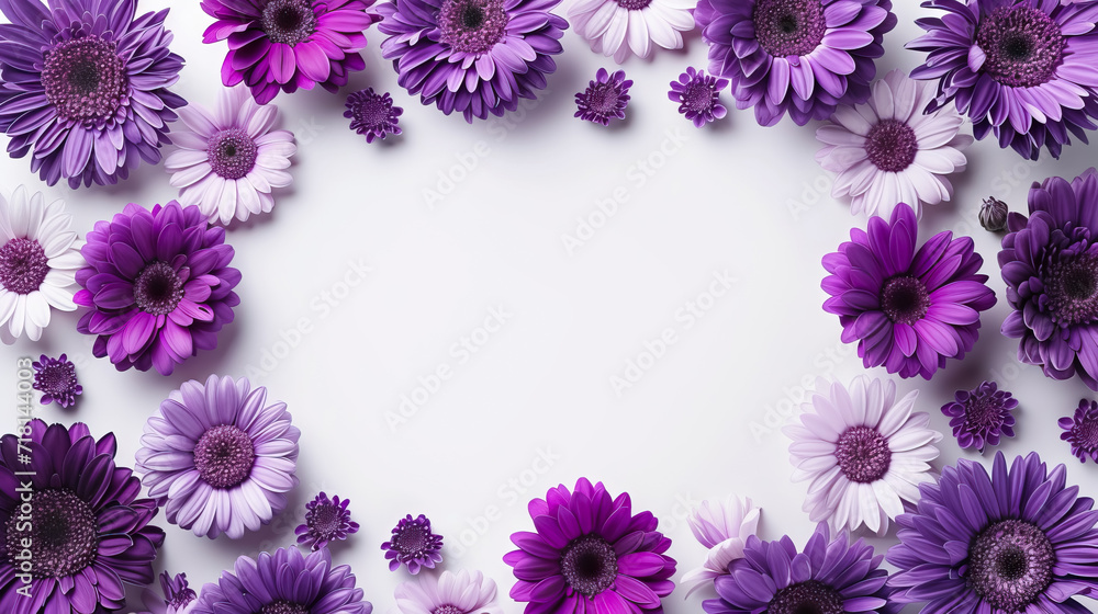 Floral frame with lavender and deep purple gerbera daisies flowers on white background - Generative AI