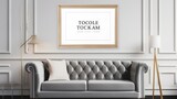 Mockup poster blank frame on a feature wall with metallic accents in an elegant lounge