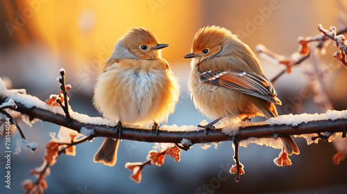 Birds standing on the branch with snow