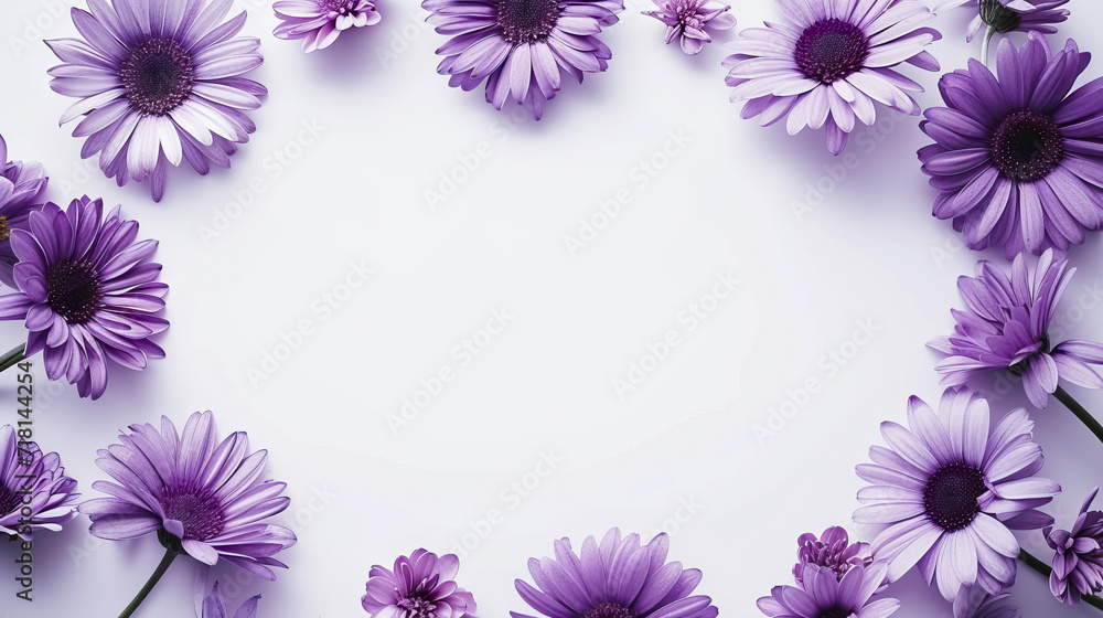 Frame of lavender and deep purple gerberas. lavender and deep purple flowers for greeting card for valentine's Day, women's Day, mother's day. Copy space for text - Generative AI