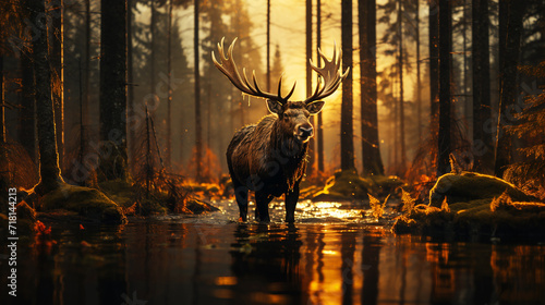 Moose in the forest with forest