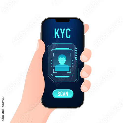 KYC - Know Your Customer vector icon design. Profile identity symbol. Personal information for identification concept. Smartphone with Facial Recognition Technology. Vector illustration