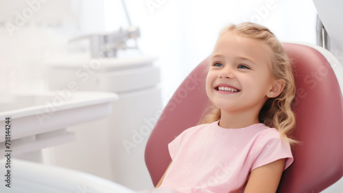 Banner with little blonde girl in dentist chair looking satisfied with treatment, on blurred background with space for text. Children's dentistry, routine checkup, no fear of treatment and pain