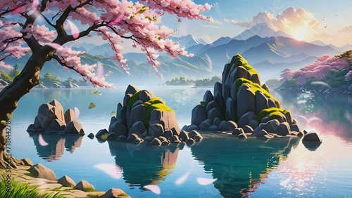 illustration of falling cherry blossoms with a lake view in the background, Smooth looping time-lapse virtual video animation background photo