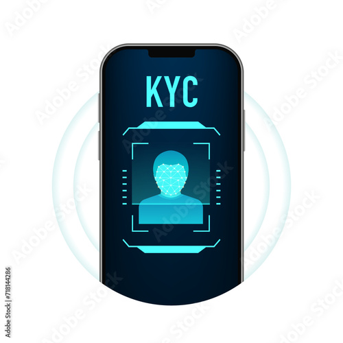 KYC - Know Your Customer vector icon design. Profile identity symbol. Personal information for identification concept. Smartphone with Facial Recognition Technology. Vector illustration