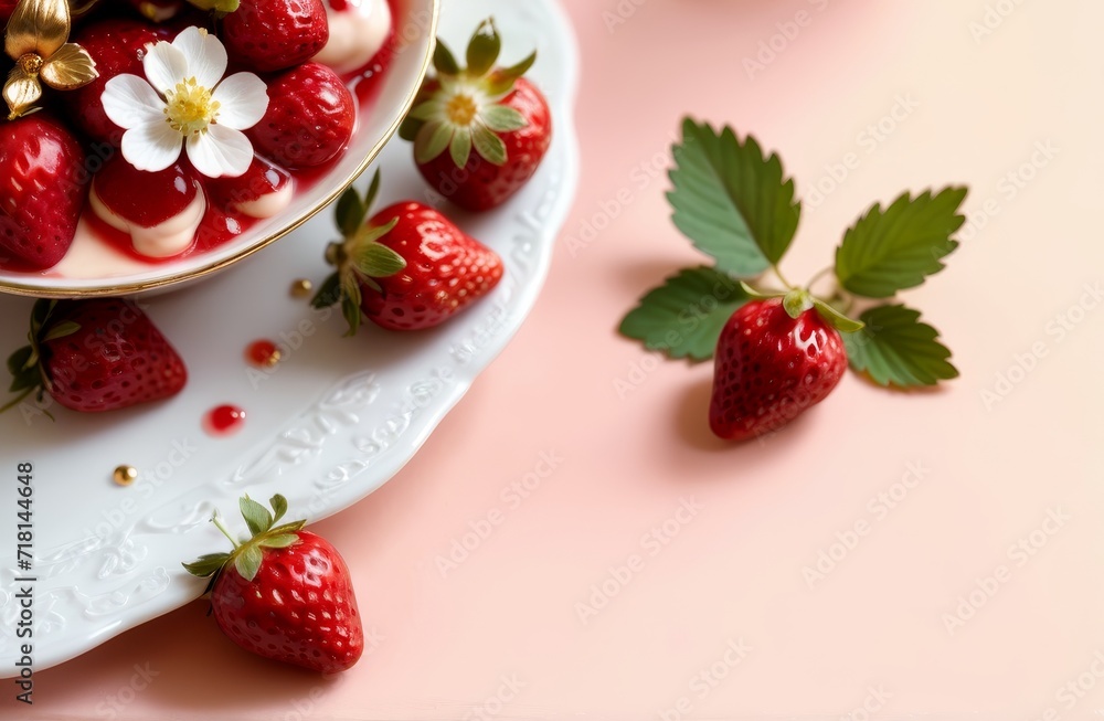 Strawberries in syrup on an elegant white dish with a floral pattern, on a pastel background. Strawberries in syrup on an elegant white dish with a floral pattern, on a pastel background.