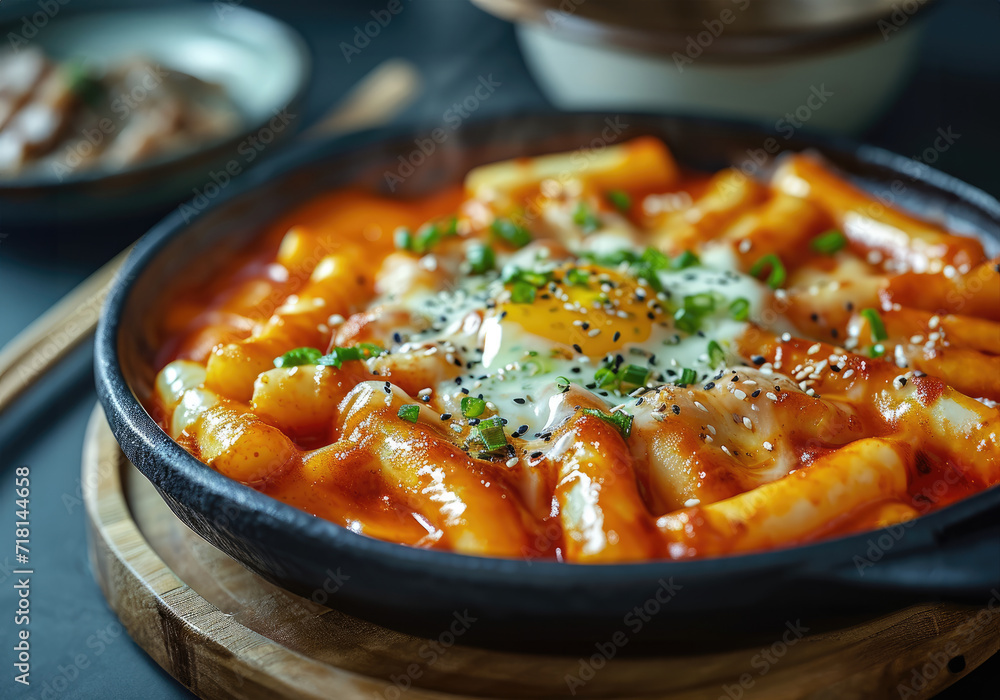 Hot tteokbokki, spicy rice cakes in a bowl, with green onions and egg, closeup, side dishes and chopsticks in the background