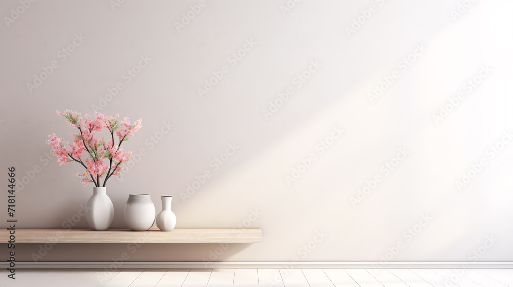 Empty room blank wall and vase, house interior minimal background.