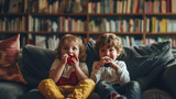 Two adorable toddlers are sitting on a dark sofa with a colorful bookshelf in the background,