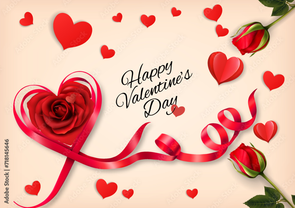 Valentine's Day holiday getting card with red roses, paper hearts and red ribbons. Vector illustration Valentine's Day holiday getting card with red roses, paper hearts and red ribbons. Vector illustration