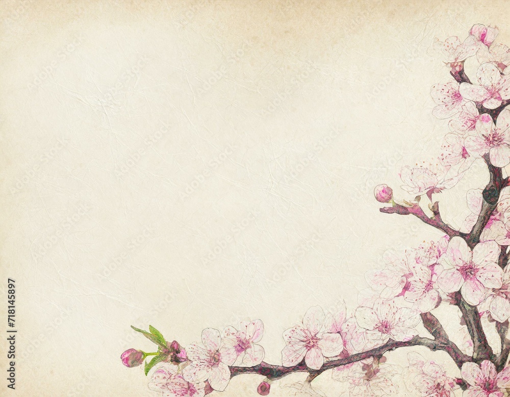 Old paper confectionery pastel background with blooming cherry tree flowers and copyspace. Old paper confectionery pastel background with blooming cherry tree flowers and copyspace.
