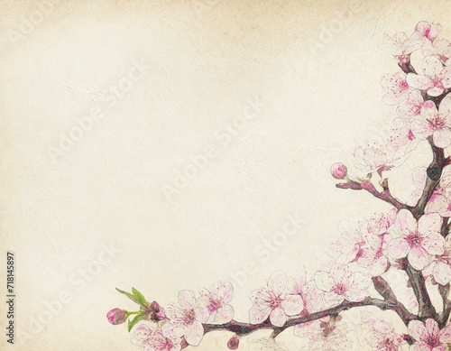 Old paper confectionery pastel background with blooming cherry tree flowers and copyspace. 