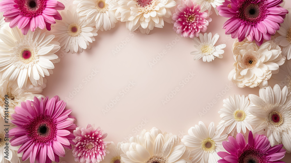 Frame of white and light pink gerberas. white and light pink flowers for greeting card for valentine's Day, women's Day, mother's day. Copy space for text - Generative AI Frame of white and light pink gerberas. white and light pink flowers for greeting card for valentine's Day, women's Day, mother's day. Copy space for text - Generative AI