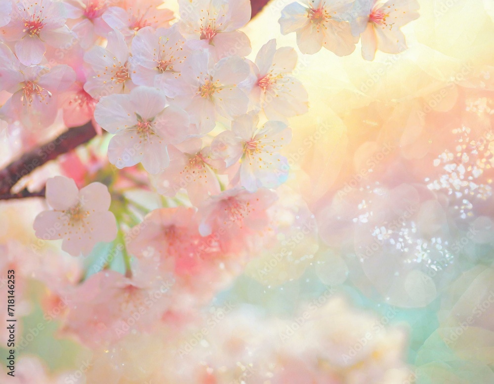 Opalizing pastel background with blooming cherry tree flowers, bokeh light and copyspace. 