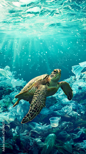 Poster with a sea turtle swimming underwater in a bay with a bottom covered with plastic trash, concept for World Water Day and environmental destruction