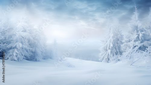 Abstract blue winter snow forest background