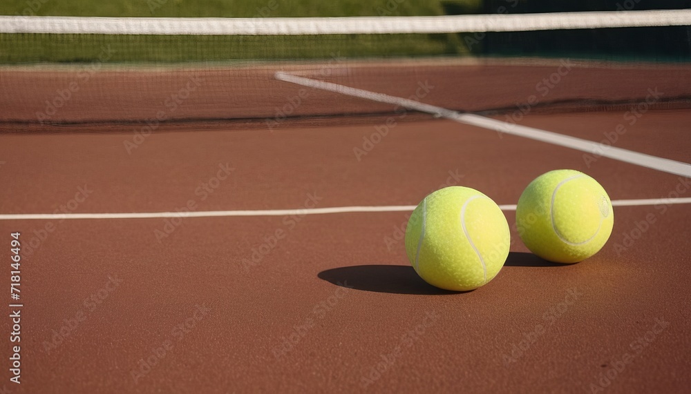 two tennis balls on the court. for advertising sports equipment, articles or blogs about tennis, sports facilities and events.