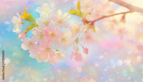 Opalizing pastel background with blooming cherry tree flowers  bokeh light and copyspace. 