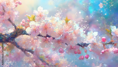 Opalizing pastel background with blooming cherry tree flowers, bokeh light and copyspace. 