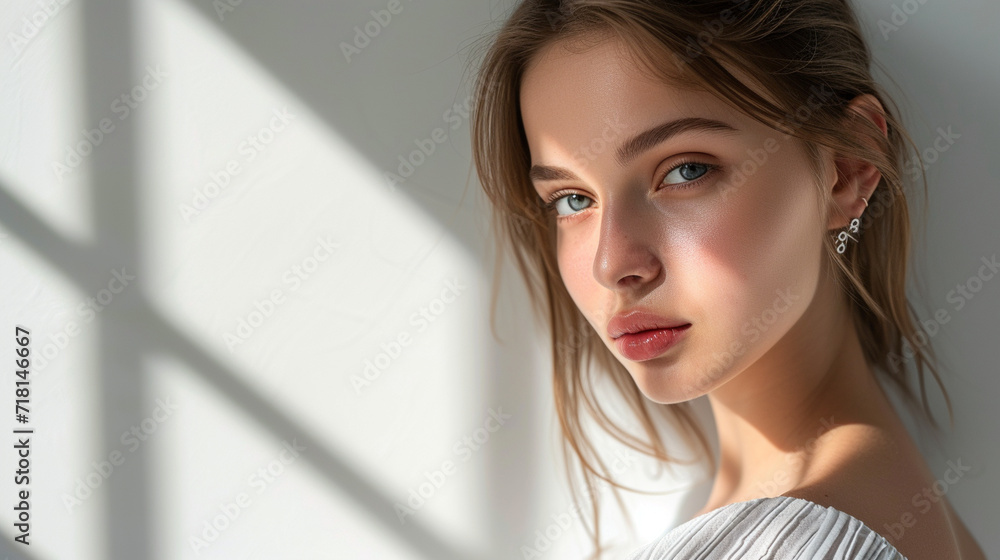 Studio photo of a model in high-key lighting, emphasizing a clean and bright aesthetic, models, high-key studio, hd, bright with copy space Studio photo of a model in high-key lighting, emphasizing a clean and bright aesthetic, models, high-key studio, hd, bright with copy space