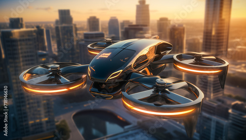 Sleek autonomous drone taxi flying over city at sunrise